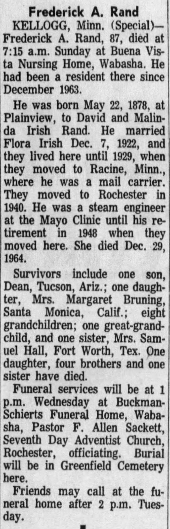 Rand, Frederick Amos - obit 1965 (Aged 87)